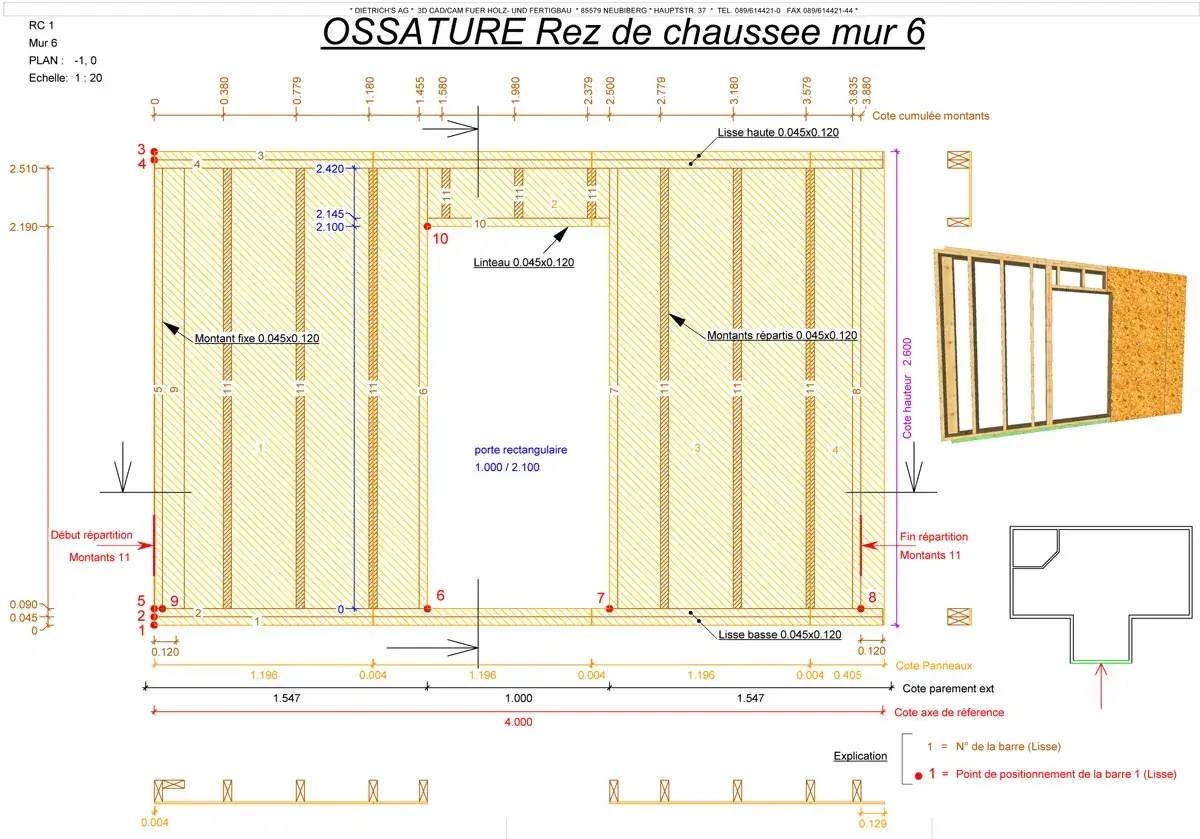Plan ossature bois technique : vue en coupe d'un mur de rez-de-chaussée avec montants, linteau et lisses.
