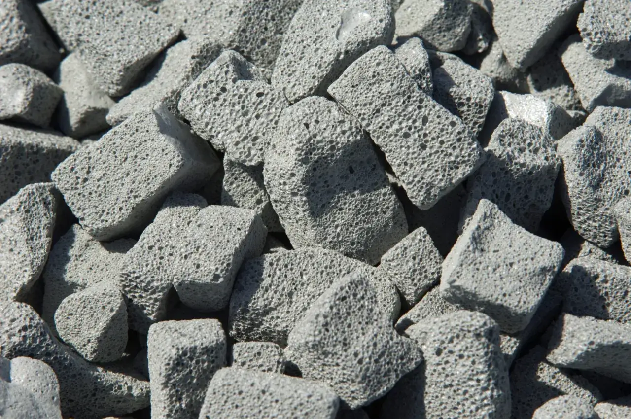 Gros plan sur des morceaux de mousse de verre gris, poreux et irréguliers, évoquant une texture volcanique.