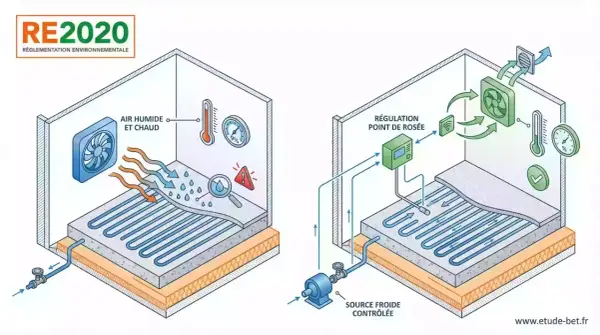 Schéma RE2020 : gestion de l'air humide et chaud. La régulation du point de rosée contrôle le système, gérant la chaleur latente pour un confort optimal.