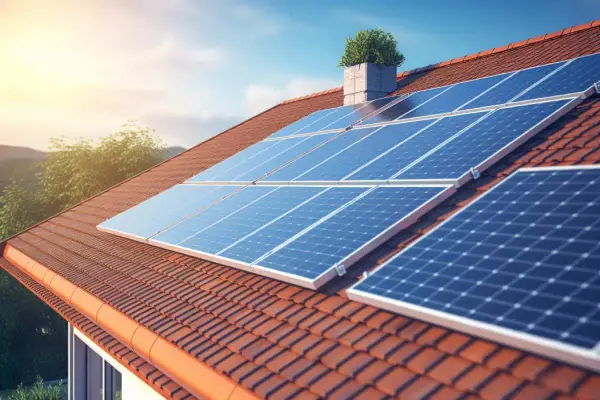 Panneaux solaires bleus brillants sur un toit de tuiles rouges, symbolisant une maison autonome et écologique sous un ciel bleu clair.