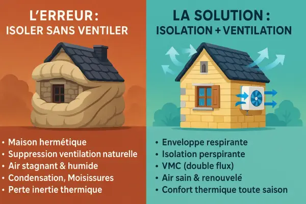 Maison en pierre étouffée par l'isolation sans ventilation, contrastant avec une maison aérée et ventilée. Une bonne rénovation maison pierre allie isolation et ventilation.